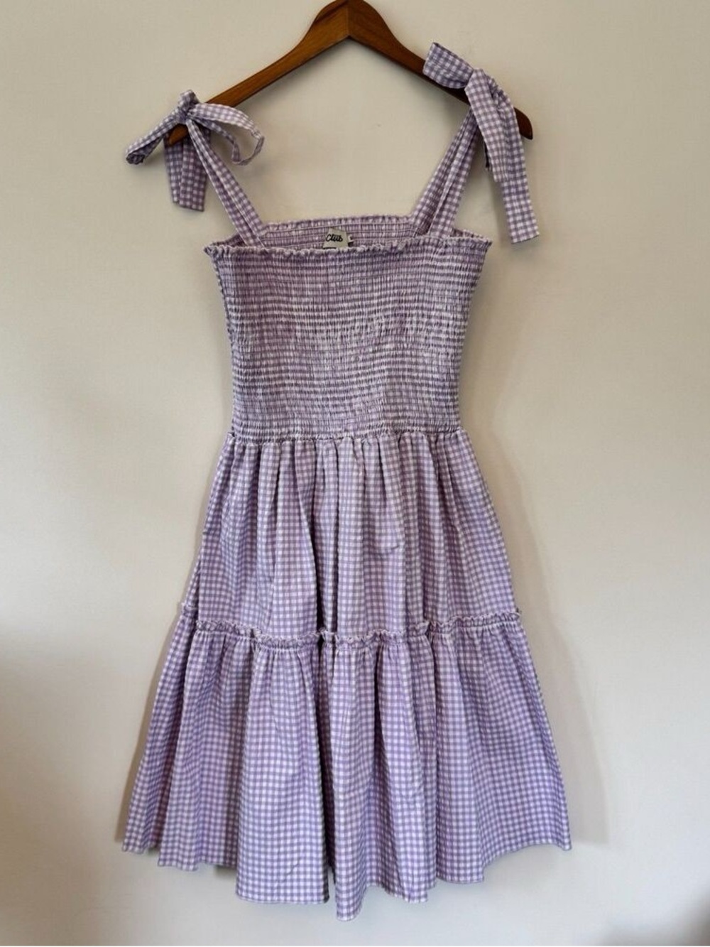 Smocked Gingham Tie-Shoulder Kids Dress - Lavender